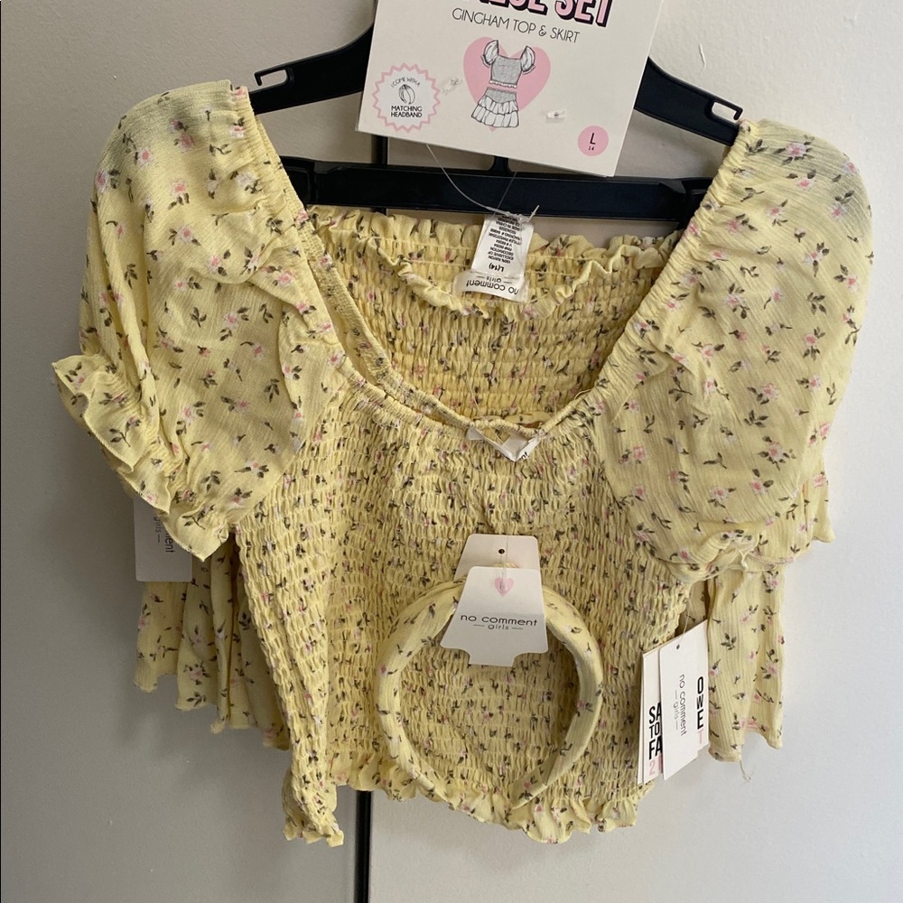 No Comment Yellow Floral 3 Piece Top Skirt Set headband big girl L large 14y